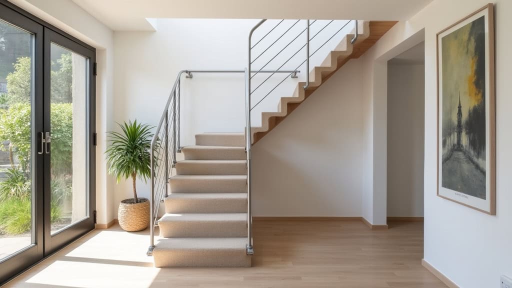 Monte-escalier droit installé dans une maison traditionnelle de Quistinic, avec rail en aluminium anodisé et siège en tissu beige