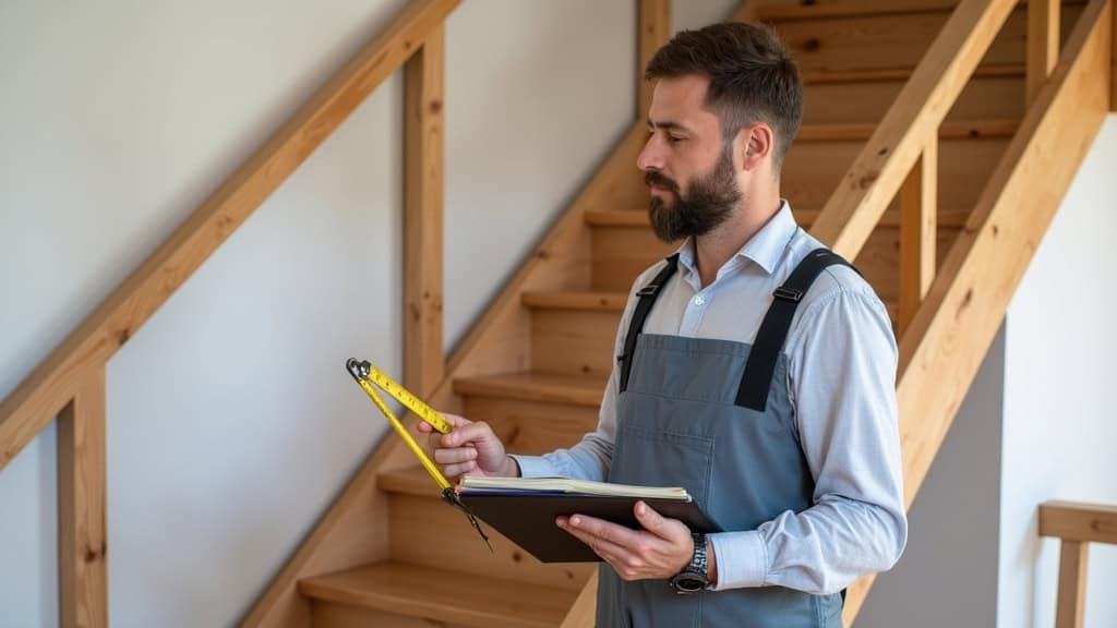 Conseiller spécialisé en monte-escalier à Radenac mesurant un escalier en bois avec un ruban à mesurer et un cahier de notes