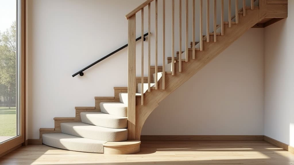 Monte-escalier droit installé sur un escalier en bois dans une maison traditionnelle de Raizeux, avec un siège en tissu beige et un rail noir discret