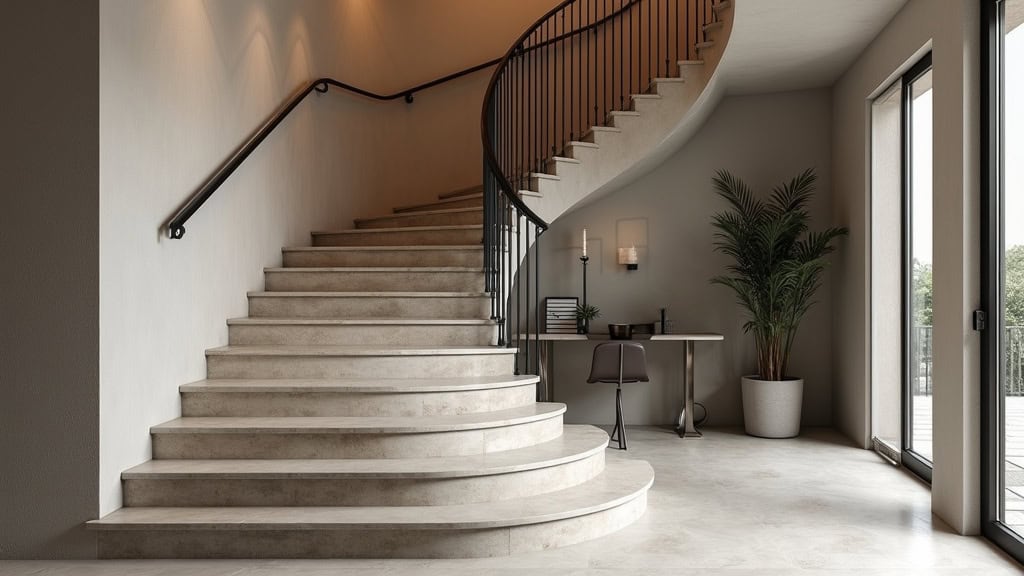 Monte-escalier courbe personnalisé épousant les virages d’un escalier en pierre, avec un siège en cuir noir et un rail en aluminium poli, dans un intérieur lumineux de Raizeux