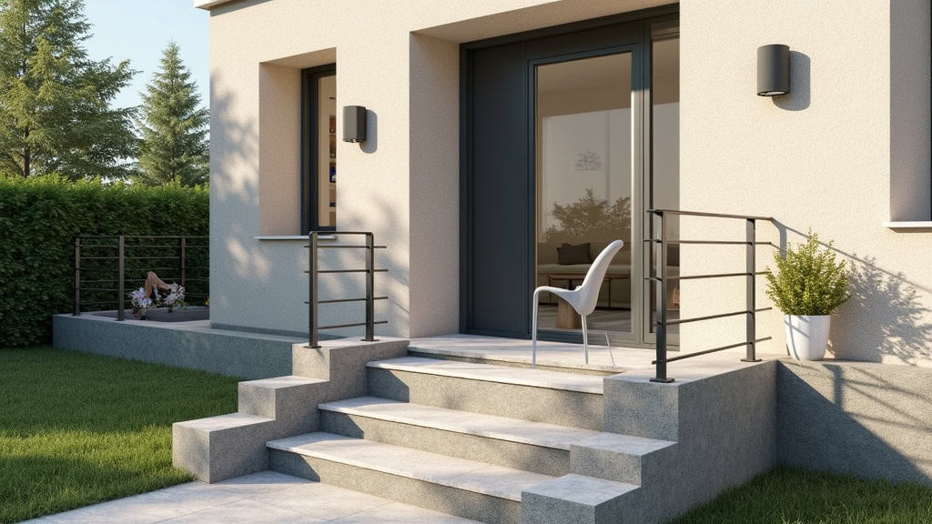 Monte-escalier d’extérieur résistant aux intempéries installé sur un escalier en pierre menant à l’entrée principale d’une maison à Raizeux, avec un siège pliant et un rail en aluminium anodisé