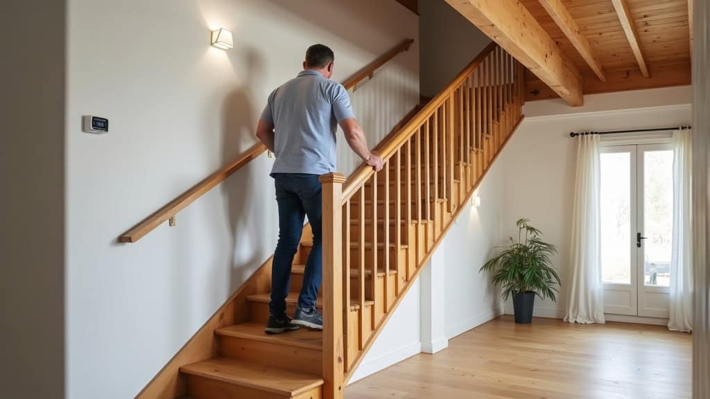 Monte-escalier droit installé sur un escalier en bois dans une maison traditionnelle à Randan, avec un utilisateur en train de monter en toute sécurité