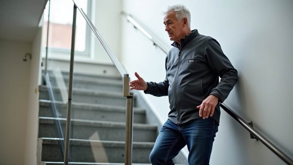 Senior utilisant un monte-escalier droit à Randan, en train de descendre avec calme et confiance, une main sur la commande, le regard serein