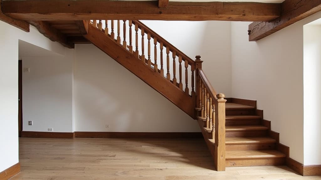 Escalier en bois d’une maison ancienne à Raon-aux-Bois avec rail de monte-escalier installé