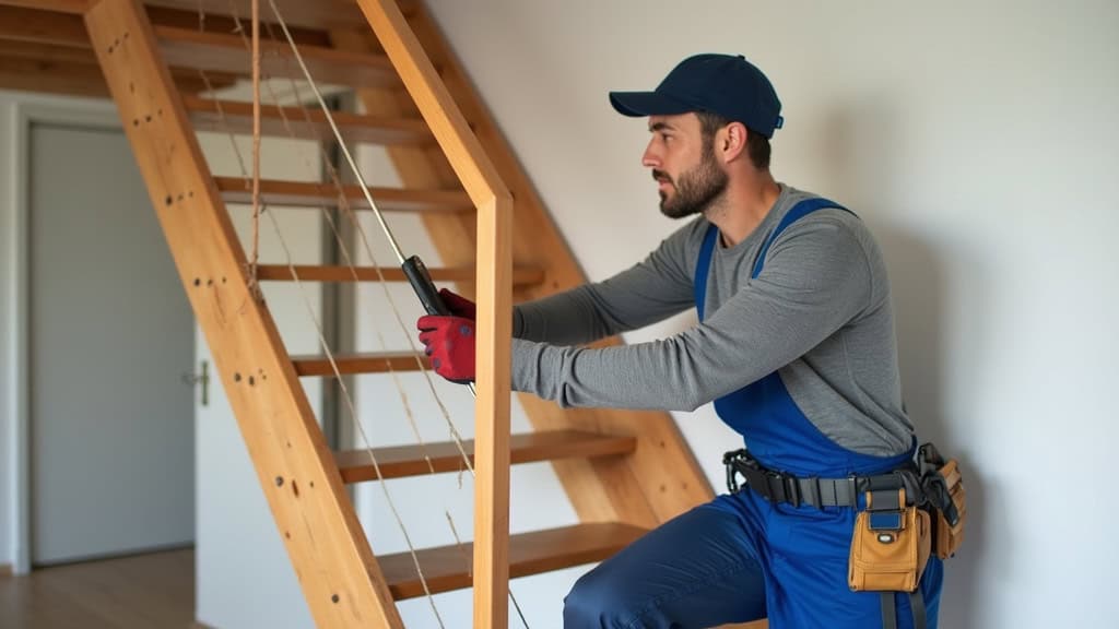 Technicien en train de vérifier un monte-escalier tournant installé chez un particulier à Raon-aux-Bois