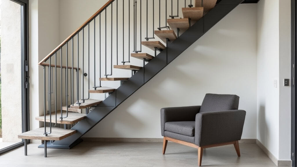 Monte-escalier droit installé dans une maison traditionnelle à Rebais, avec rail en aluminium gris et fauteuil replié contre le mur