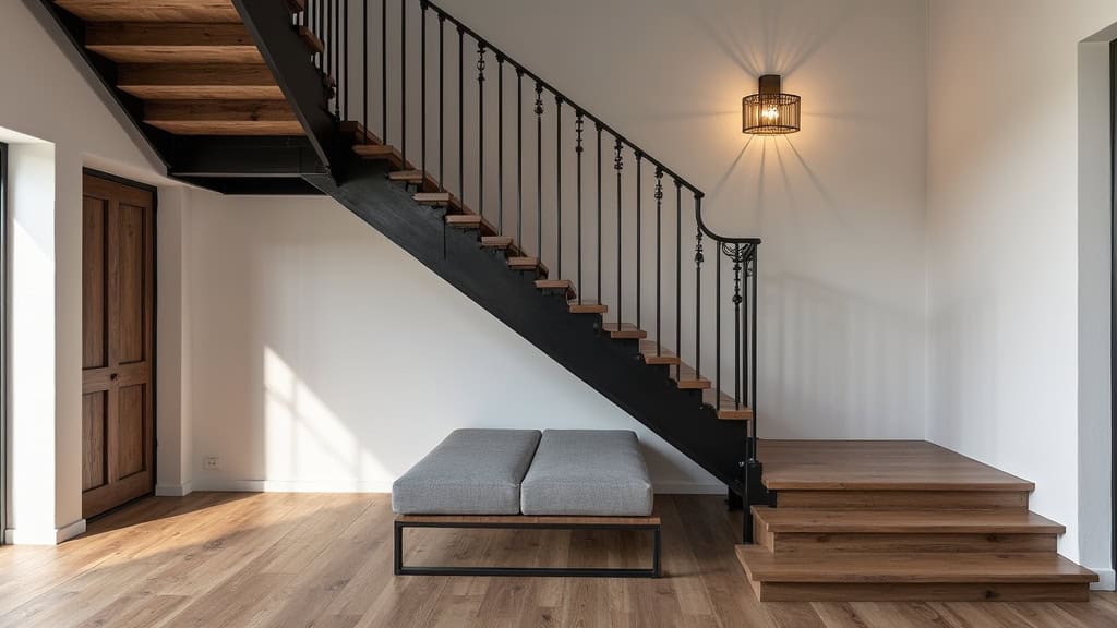 Monte-escalier tournant en aluminium noir intégré dans un escalier en bois ancien d