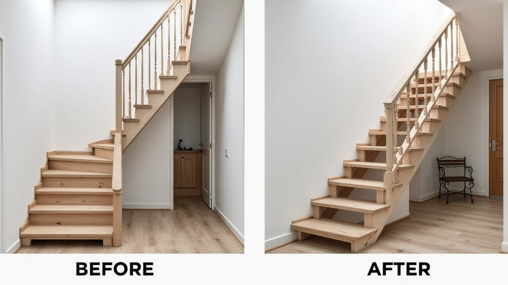 Comparaison avant-après : une maison à Renaison avec escalier inaccessible avant installation, et avec monte-escalier tournant installé après