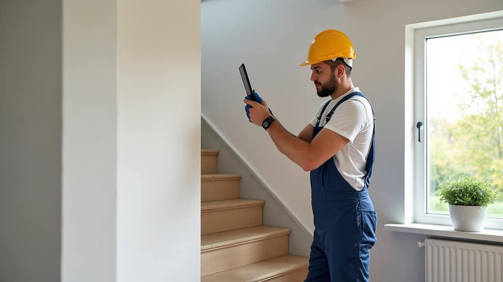 Technicien installant un monte-escalier droit dans une maison à Revel