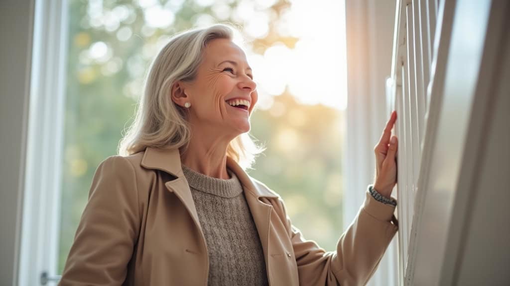Personne âgée utilisant un monte-escalier à Reventin-Vaugris, souriante, en plein jour, dans une maison avec rideaux blancs et lumière naturelle