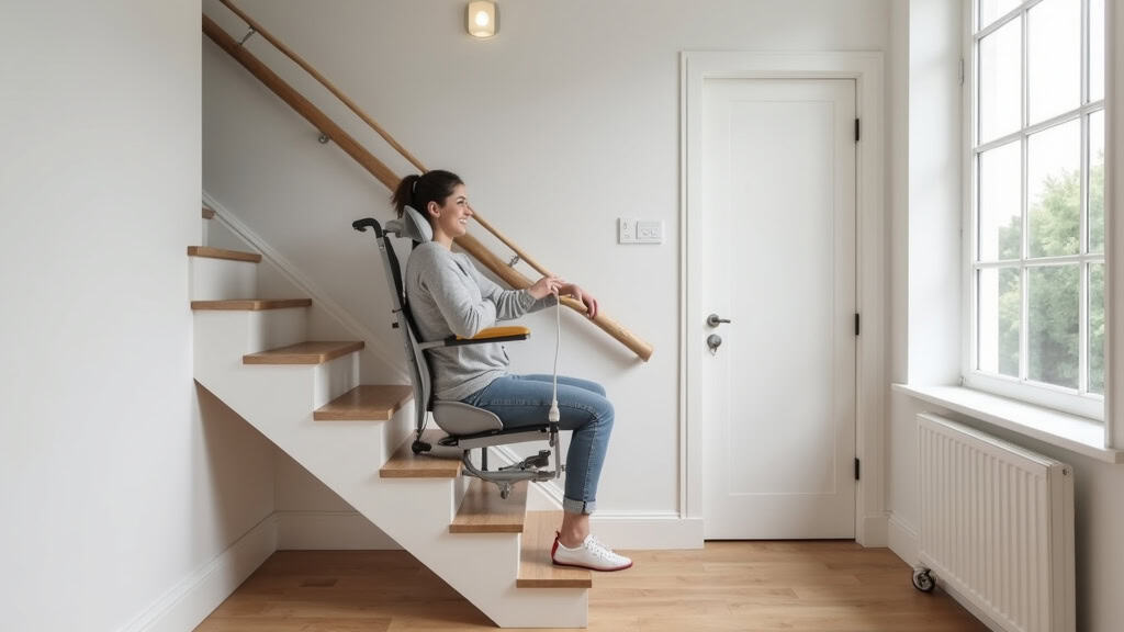 Siège ergonomique d’un monte-escalier tournant, avec repose-pieds réglables et ceinture de sécurité, dans une maison de Ribaute-les-Tavernes