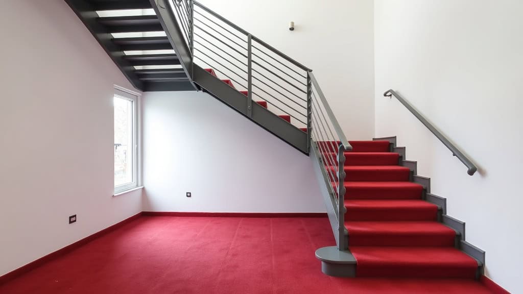 Monte-escalier tournant en aluminium gris dans un intérieur de maison à Riedisheim, avec tapis rouge et mur blanc, offrant une vue sur l