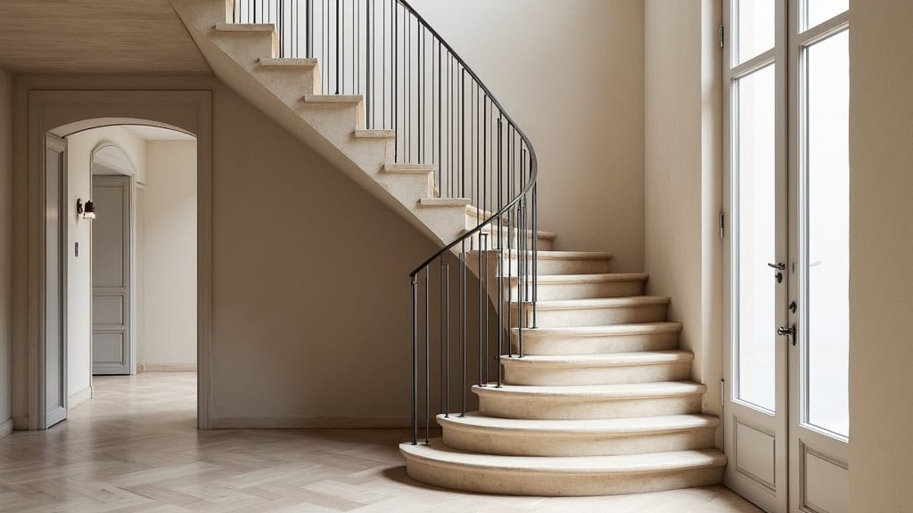 Monte-escalier à siège installé sur un escalier tournant en pierre dans une maison provençale à Riez, avec rail discret et siège pliable