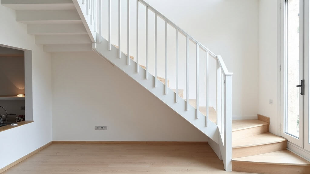 Monte-escalier courbe en aluminium blanc installé sur un escalier en colimaçon dans une maison traditionnelle de Rivedoux-Plage