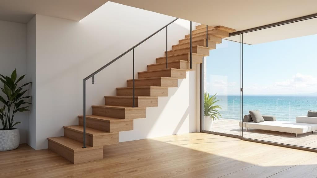 Monte-escalier droit installé sur un escalier en bois dans une maison à Rivedoux-Plage, avec vue sur la baie en arrière-plan