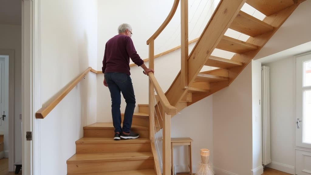 Monte-escalier droit installé sur un escalier en bois dans une maison de Rives-en-Seine, avec un occupant âgé en train d