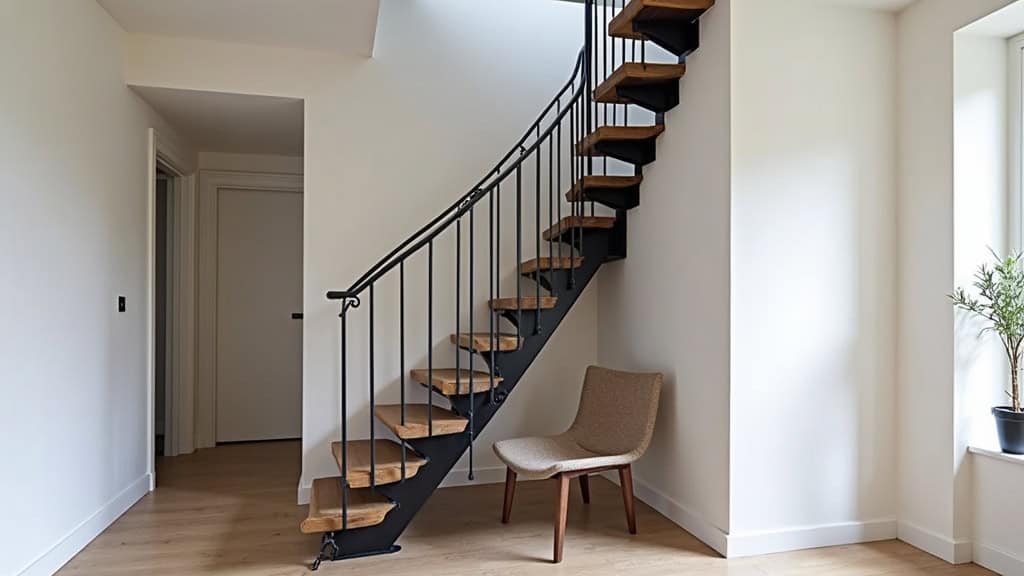 Monte-escalier courbe en aluminium noir installé dans un escalier intérieur de maison traditionnelle à Rives-en-Seine, avec un design discret et moderne