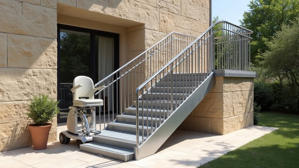 Plateforme monte-escalier en acier inoxydable transportant un fauteuil roulant sur un escalier extérieur en pierre à Rivesaltes, avec garde-corps intégré et système de sécurité automatique