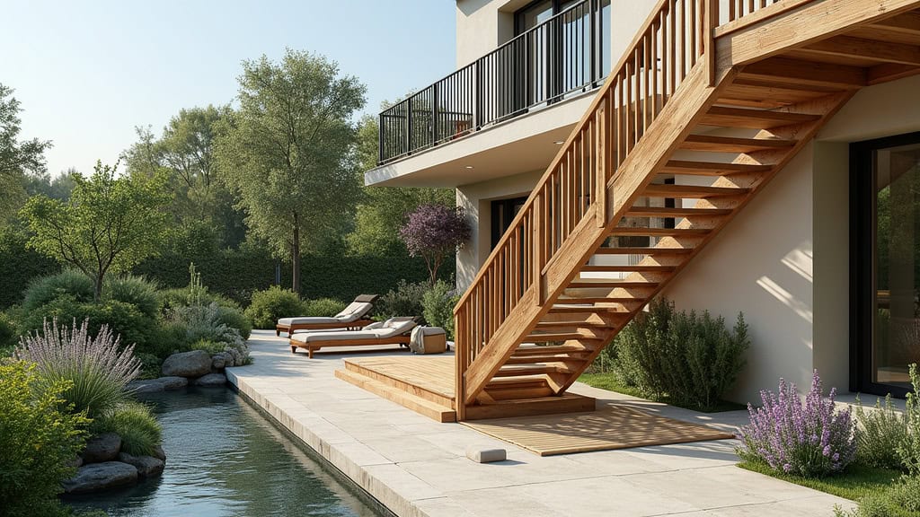Monte escalier extérieur installé sur un escalier en bois à Rivière avec vue sur le jardin