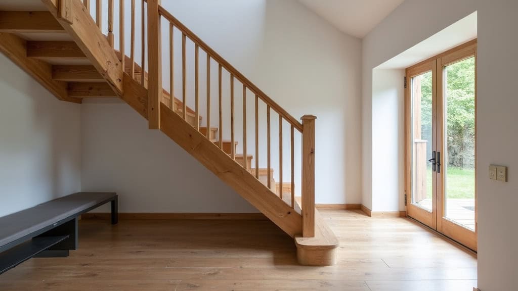 Monte-escalier courbe en bois clair intégré dans un intérieur traditionnel de maison à Roche-la-Molière, avec un siège rembourré et des rails discrets