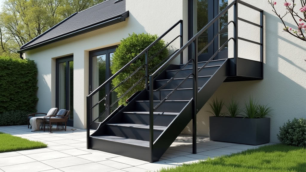 Monte-escalier extérieur en aluminium noir pour accéder à une entrée surélevée d