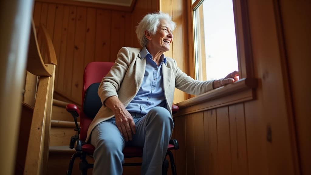 Personne âgée utilisant un monte-escalier tournant dans un escalier en bois ancien, souriante, main sur le dossier du siège, regardant la fenêtre du haut