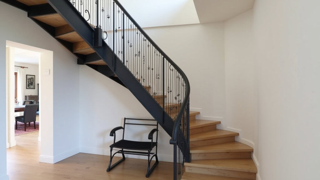 Monte-escalier installé sur un escalier tournant dans une maison traditionnelle de Rognac, avec rail discret et siège en noir mat