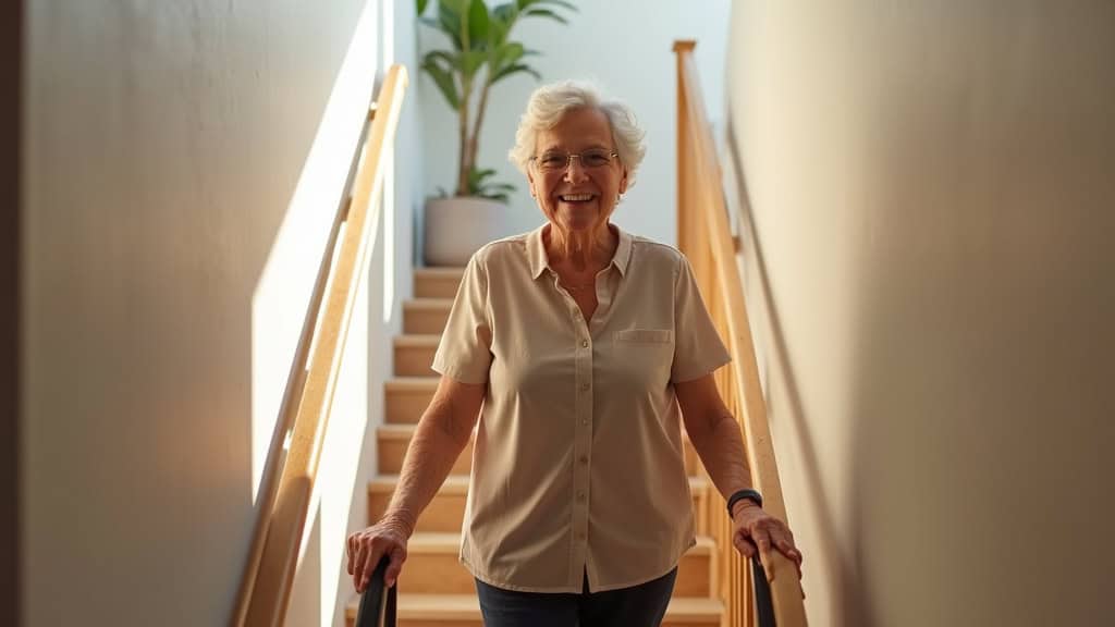 Personne âgée utilisant un monte-escalier à Rognac, souriante, avec un repose-pieds en position, dans un intérieur lumineux et chaleureux