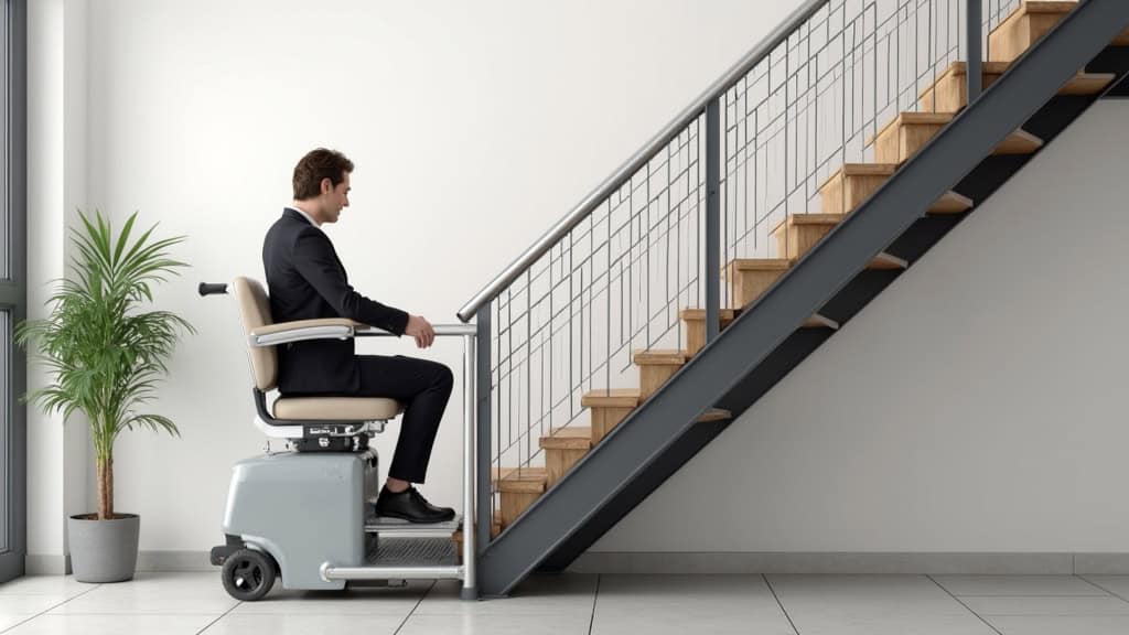 Plateforme élévatrice pour fauteuil roulant installée sur un escalier en colimaçon à Roquecourbe, avec personne en fauteuil en train de monter