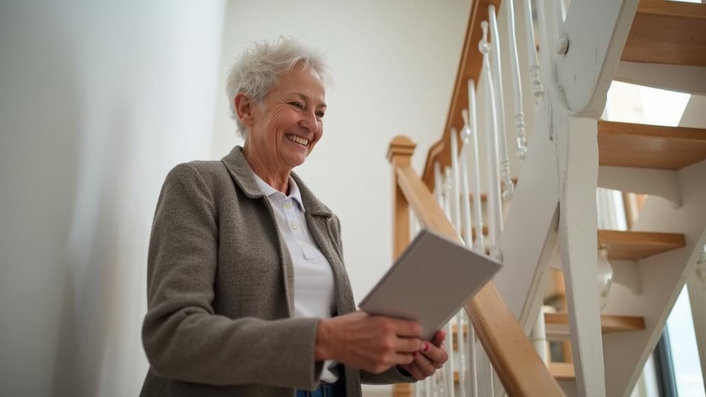 Personne âgée utilisant un monte-escalier droit dans une maison de Roscoff, souriante, main sur le dossier du siège