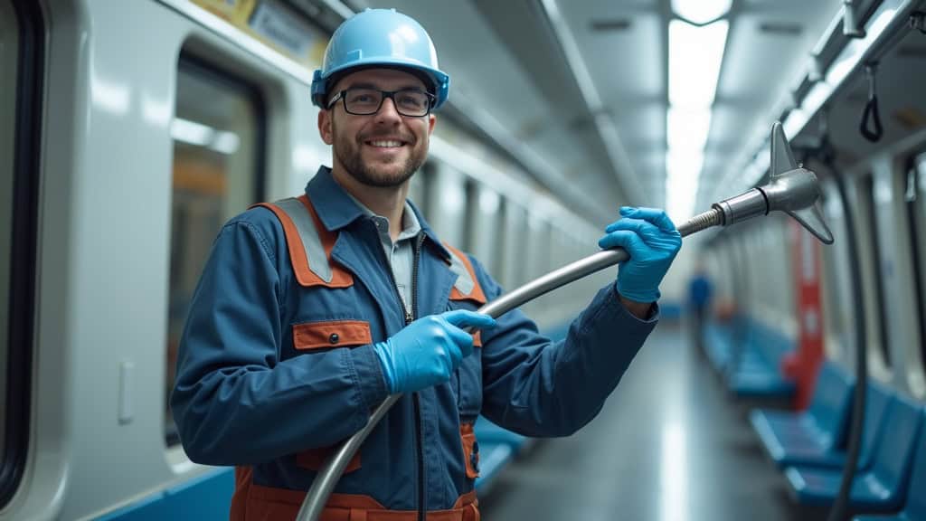 Technicien nettoyant le rail d