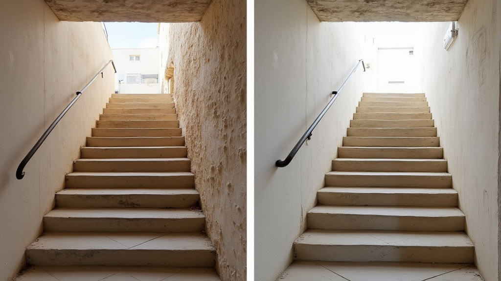 Comparaison avant/après : escalier vide vs escalier avec monte-escalier installé dans une maison ancienne de Roscoff