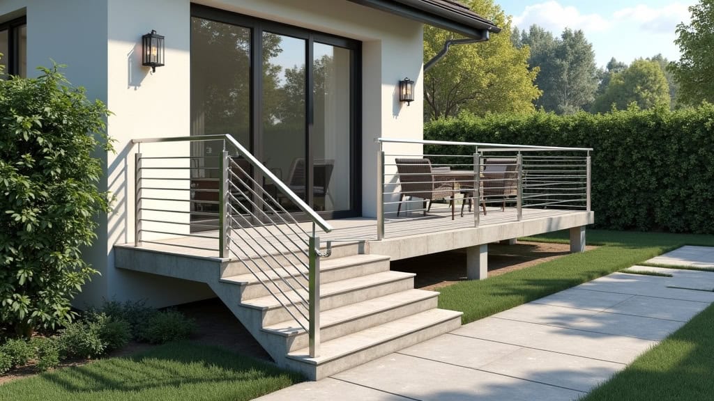 Monte-escalier d’extérieur avec protection anti-pluie, installé sur les marches d’entrée d’une maison à Rots, vue depuis le jardin, rails en acier inoxydable