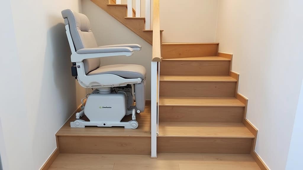 Plateforme monte-escalier avec fauteuil roulant sur la plateforme, en train de monter les marches d’un escalier en bois de maison à Rots, vue latérale, sécurité active