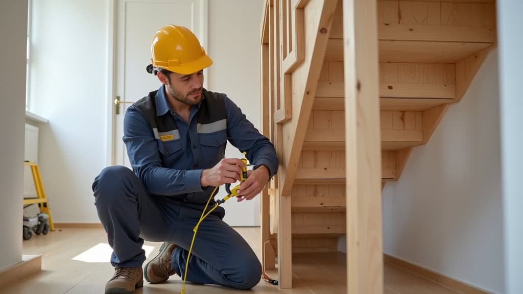 Technicien professionnel en train d’installer un monte-escalier chez un habitant de Rots, mesurant les marches avec un mètre, outils de précision, environnement familial