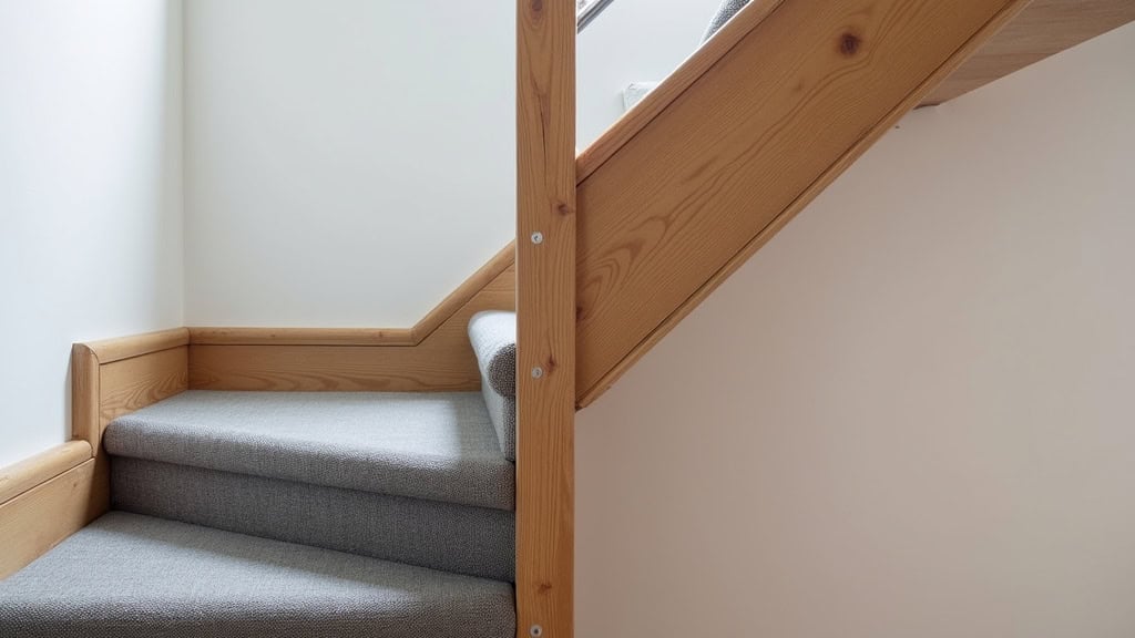 Monte-escalier droit installé dans une maison traditionnelle de Rouziers-de-Touraine, avec siège en tissu gris et rail en aluminium clair, dans un cadre en bois ancien