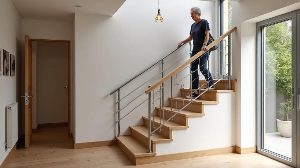 Monte-escalier droit installé dans une maison traditionnelle de Roye, avec un utilisateur âgé qui monte en toute sécurité