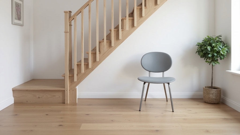 Monte-escalier droit installé dans un escalier en bois à Roz-Landrieux, avec siège gris clair et rail blanc, intégré discrètement au mur