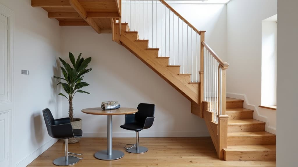 Monte-escalier tournant installé dans un escalier en bois ancien à Roz-Landrieux, avec rail blanc et siège noir, s