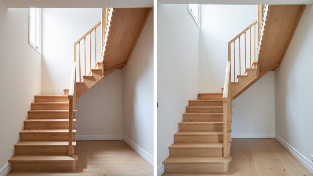 Comparaison avant/après : escalier sans monte-escalier à gauche, avec monte-escalier installé à droite dans une maison de Ruffey-lès-Echirey