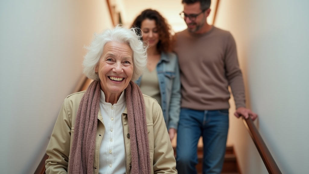 Personne âgée utilisant son monte-escalier avec un sourire, entourée de sa famille
