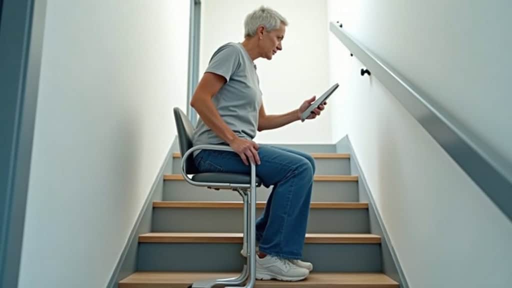 Personne âgée utilisant un monte-escalier à siège pour monter à l