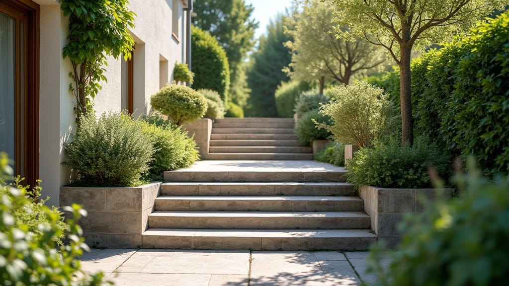 Monte-escalier extérieur résistant aux intempéries sur un escalier de jardin à Saint-Aubin-Celloville, avec plantes et soleil