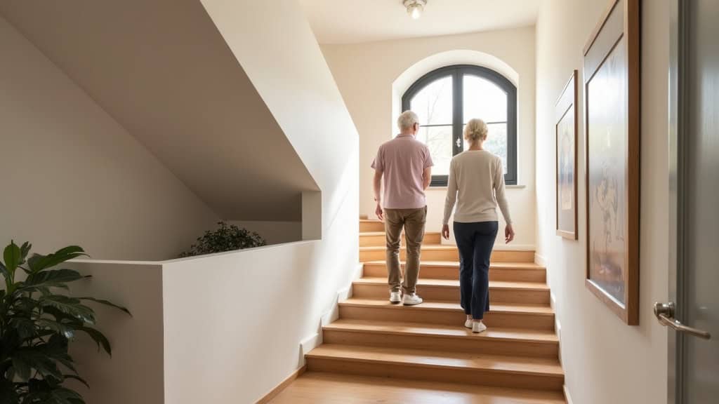 Personne âgée utilisant un monte-escalier courbe dans une maison de Saint-Aubin-Celloville, avec un salon lumineux en arrière-plan