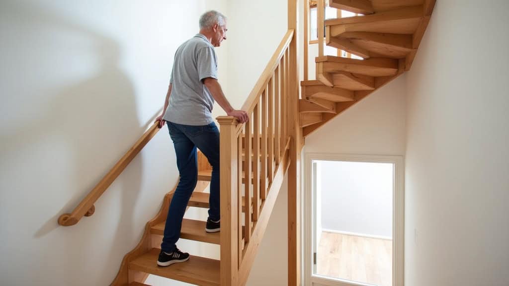Monte-escalier droit installé sur un escalier en bois dans une maison de Saint-Aubin-de-Médoc, avec un utilisateur âgé qui monte en toute sécurité