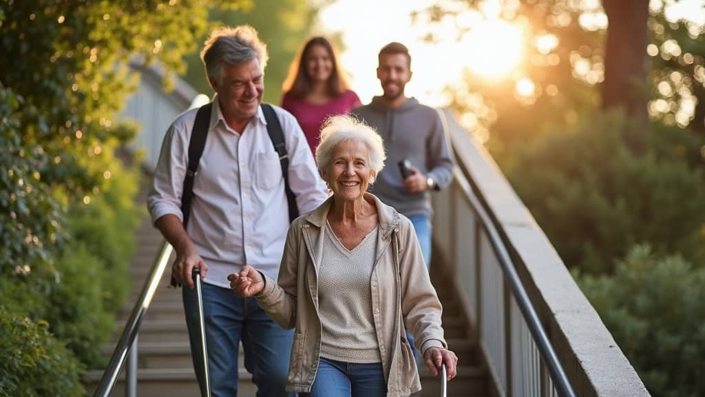 Famille souriante avec une personne âgée montant un monte-escalier à Saint-Aubin-en-Bray, en contexte familial chaleureux