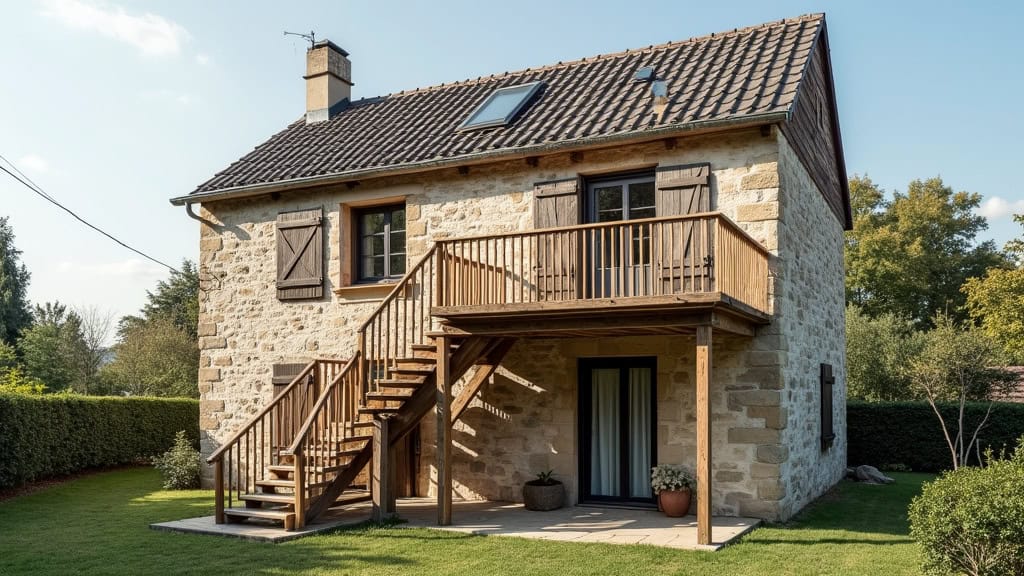 Ancienne maison en pierre typique de Saint-Bauzille-de-Putois avec escalier extérieur en bois, représentant le contexte architectural où les monte-escaliers sont souvent nécessaires