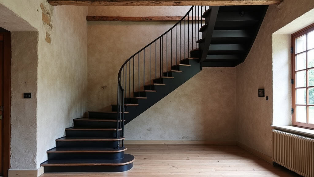 Monte-escalier courbe en noir mat installé sur un escalier en bois avec rampe en fer forgé dans une maison ancienne de Saint-Benoît-sur-Loire