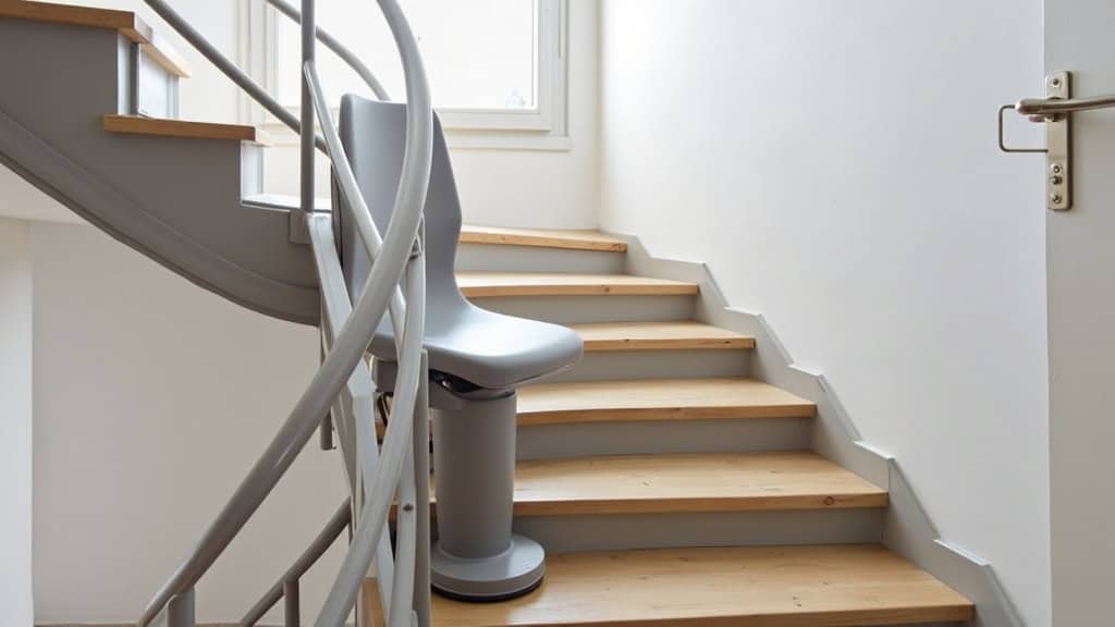 Monte-escalier tournant sur un escalier avec palier et virage à Saint-Brieuc, montrant le siège en mouvement et le rail flexible