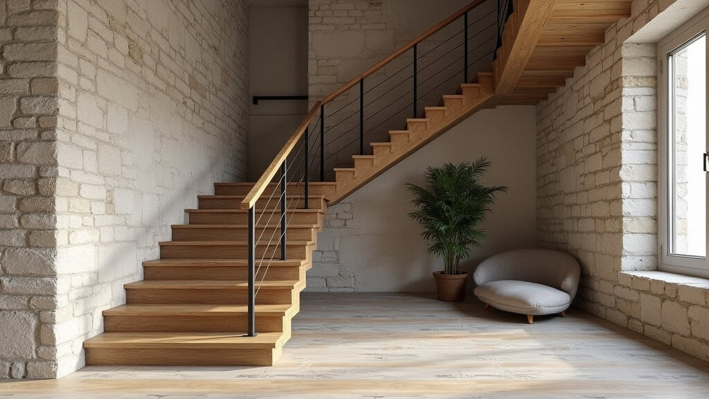 Monte-escalier droit installé dans une maison en pierre à Saint-Chinian, avec escalier en bois et rampe en métal